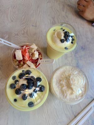 There's Pina colada, lemon blueberry shake and strawberry cheesecake Sundae. 
Strawberry cheesecake Sundae was the winner. The rest is not that cold and too sweet and flavor is ok at V Burger in Calgary