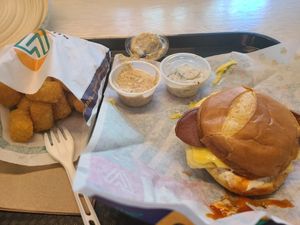 Overall yummy. Just not the garlic dip that is fully mustard taste. The burgers are very creamy so no point getting ranch because it is very creamy. Get the signature dip w tatters at V Burger in Calgary