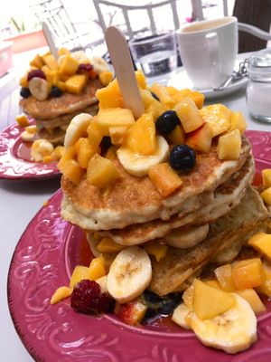 Huge portions of vegan pancakes  at Let Them Eat Cake in Paphos