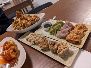 Most of the spread! Steamed dumplings, open dumplings, fried oyster mushrooms and fried eggplant and tofu at Su Guan in Florence