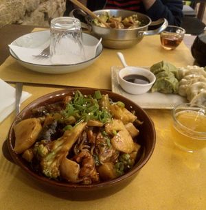 Noodles with mixed vegetables (e.g. romanesco, lotus root, potato, bok choy) and tofu with the "secret" sauce recipe. at Su Guan in Florence