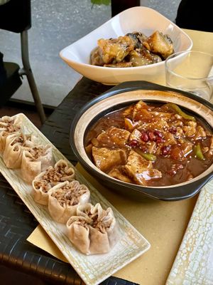 Open dumplings, tofu in tomato sauce, fried aubergine with tofu   at Su Guan in Florence