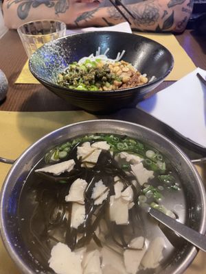 Seaweed soup with tofu and rice noodles with seitan and pickled asparagus. very good!  at Su Guan in Florence