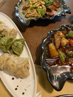 Dumplings, seitan and eggplant with potatoes   at Su Guan in Florence