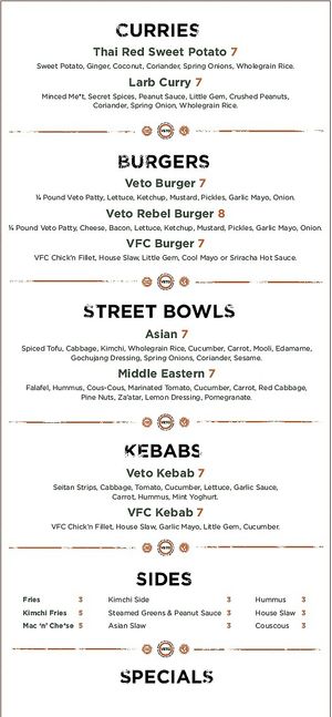 Veto menu  at VetoMeato in London