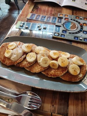 Pancakes with bananas, mascarpone and maple syrup at Goodtime Games in Manchester