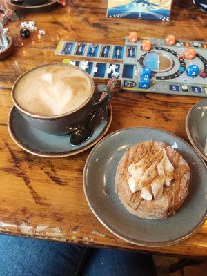 Cronut and latte at Goodtime Games in Manchester