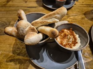 Dough bread sticks and houmous at Goodtime Games in Manchester