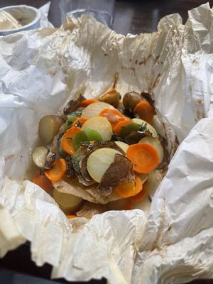 Main course: Cabbage roast with zucchini, carrots, potatoes, mushroom   at Perle Restaurant in Pasadena