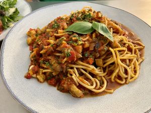 Pasta ratatouille (vegan) at Perle Restaurant in Pasadena