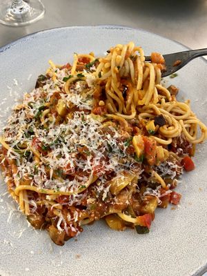 Pasta ratatouille with grated Parmesan (vegetarian) at Perle Restaurant in Pasadena