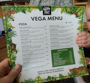 The vegetarian pizza menu, everything with a leaf is vegan. at Happy Italy in Eindhoven