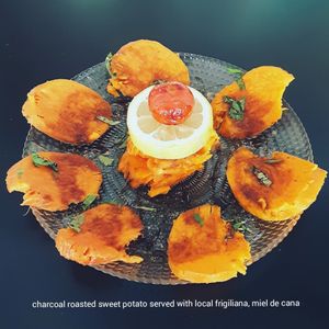 Sweet potato starter, cooked in charcoal oven serve with local miel de cana. at Spices in Frigiliana