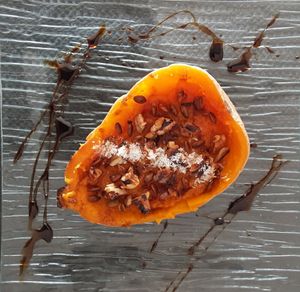 Pumpkin dessert, cooked in charcoal oven serve with sugarcane honey. at Spices in Frigiliana