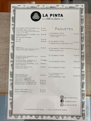 Menu at La Pinta in San Luis Potosi
