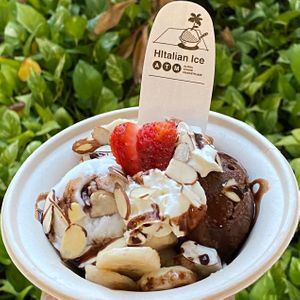 Frozert (vegan gelato) Sundae.  Shown w/ Coconut & Chocolate Frozert, Bananas,  Almonds, Coconut Whipped Cream, Chocolate Syrup, and Strawberries at HItalian Ice in Honolulu