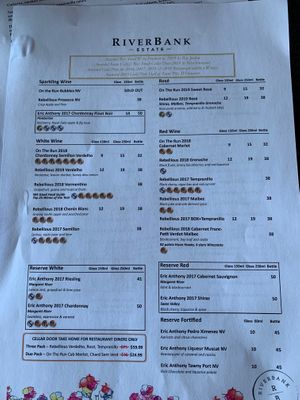 Wine menu - not indentified as vegan  at Riverbank Estate  in Caversham