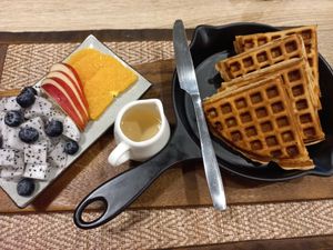 Waffles with fresh fruit at The Vegano Bistro in Chiang Mai