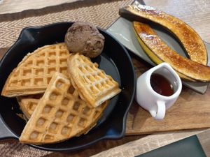 Waffles with choc brownie ice-cream at The Vegano Bistro in Chiang Mai