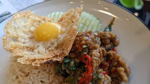 Vegan egg on rice at The Vegano Bistro in Chiang Mai