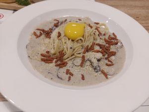 Carbonara with 'egg yolk' at The Vegano Bistro in Chiang Mai