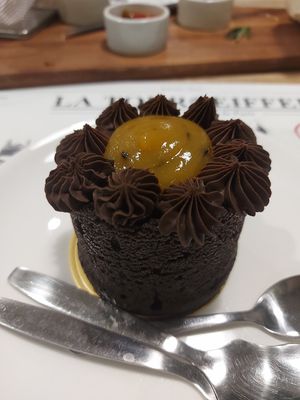 Chocolate cake with mango passionfruit jelly at The Vegano Bistro in Chiang Mai