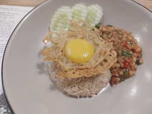 Pad grapow with fried 'egg'. at The Vegano Bistro in Chiang Mai