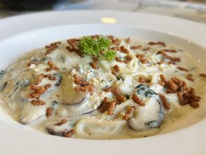 Spaghetti Alfredo mushroom & spinach (220 THB)  at The Vegano Bistro in Chiang Mai