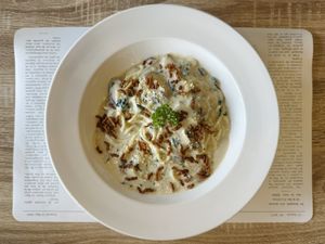 Spaghetti Alfredo mushroom & spinach (220 THB)  at The Vegano Bistro in Chiang Mai