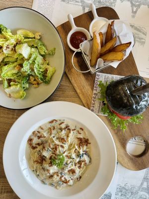 Classic Caesar, Spaghetti Alfredo, The Wimpy cheeseburger  at The Vegano Bistro in Chiang Mai