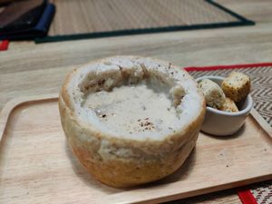 Mushroom soup (The bowl was full, but I had already started eating before my picture it was so good) at The Vegano Bistro in Chiang Mai
