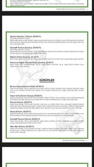 The menu in Turkish at Veganarsist Kadıköy - Osmanağa in Istanbul