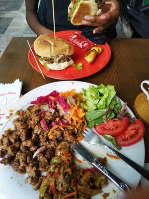 Mix plate (half way through) massive portion and I still managed to finish as it was all delicious at Veganarsist Kadıköy - Osmanağa in Istanbul