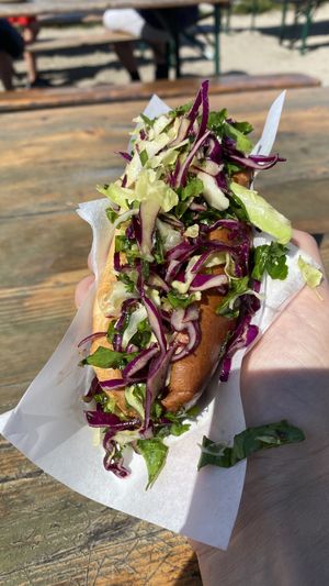 Vegan Nordic hotdog - great meat replacement sausage and tasty coleslaww  at Nordic Hotdog in Copenhagen