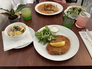 Schnitzel and Potato salad, mushroom gulasch at Velani in Vienna