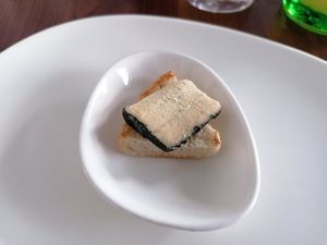 Amuse bouche : vegan cheese on bread at Velani in Vienna