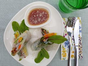 Homemade summerrolls filled with glass noodles, mushrooms, chard, cucumber and dried tomatos. Served with chili-lime-sesame dip. at Velani in Vienna