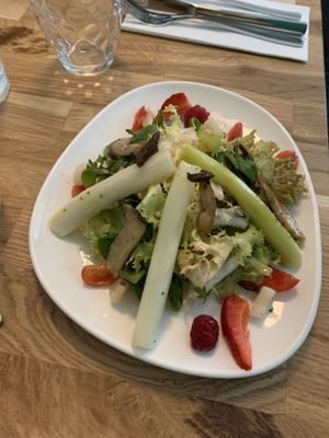 Asparagus salad with strawberries and mushrooms with raspberry vinaigrette (bread included)  at Velani in Vienna
