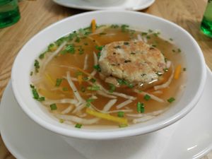 Soup starter with tasty cheese dumpling at Velani in Vienna