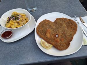 Schnitzel, with a heart shape. It was a bit stale but good at Velani in Vienna