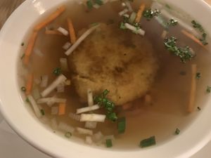 Cheese dumpling soup close up (and it really DOES taste cheesy!)  at Velani in Vienna