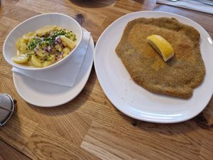 Massive Schnitzel with potato salad at Velani in Vienna