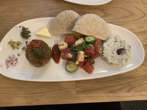 Variation of starters: eggplant  tartare, tzatziki and watermelon-tomato-veta salad 💚  at Velani in Vienna