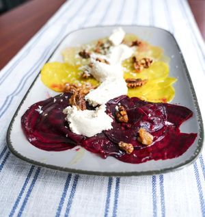 The Italian Carpaccio is usually served with thinley sliced beef. Our version is much more colourful with an interessting variety of beets and fermented cashew cream. at Velani in Vienna