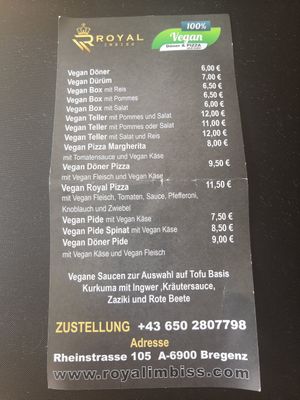 Vegane Karte at Royal Imbiss Pizza & Kebap in Bregenz