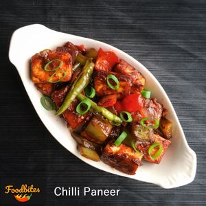 Paneer is tossed in a flavourful spicy sauce made with ketchup,soy sauce,chilli sauce, cook with onion, capsicum, spring onion  at Foodbites in Tunbridge Wells