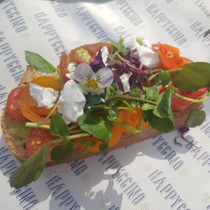 Tomato and avocado with vegan feta at Happyccino in Wimborne