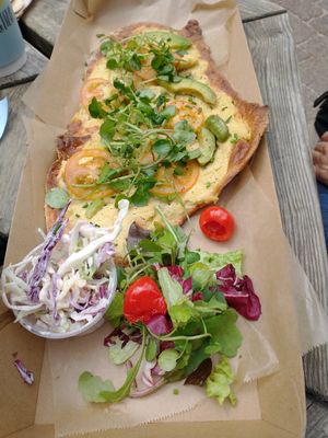 Hummus and avocado flatbread at Happyccino in Wimborne