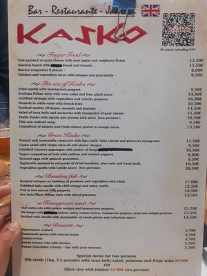Menu at Kasko in Bilbao