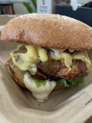 Original Chick’n sandwich with cheese added at The Mocking Bird - Food Cart in Portland